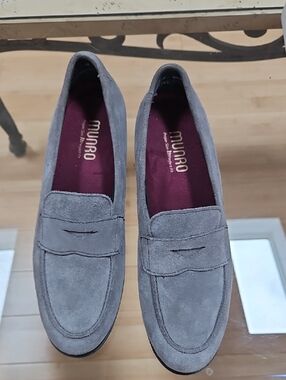 Munro Gray Suede Penny Loafers with Burgundy Insole